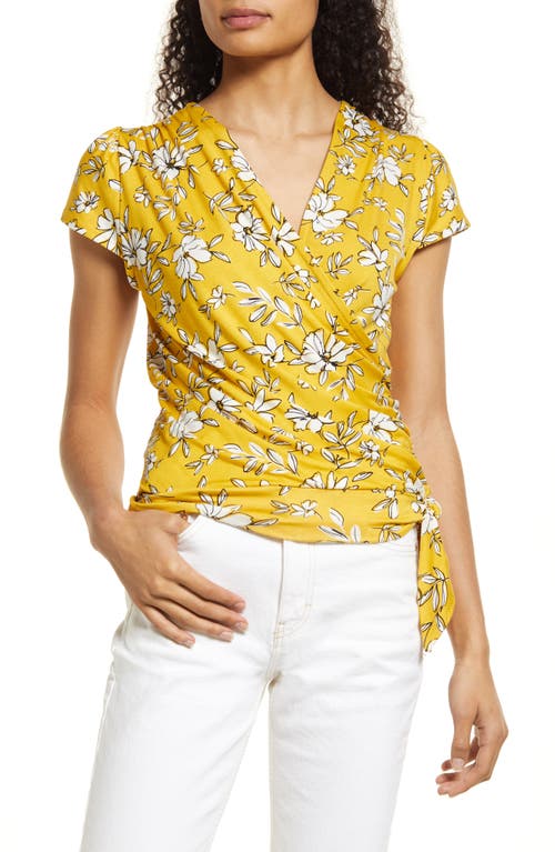 Loveappella Floral Print Faux Wrap Top Sunflower at Nordstrom,