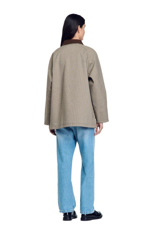 Sandro Check Coat With Velvet Collar In Brown
