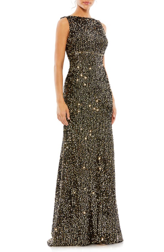 Mac Duggal Sequin Drape Back Trumpet Gown In Antique Gold