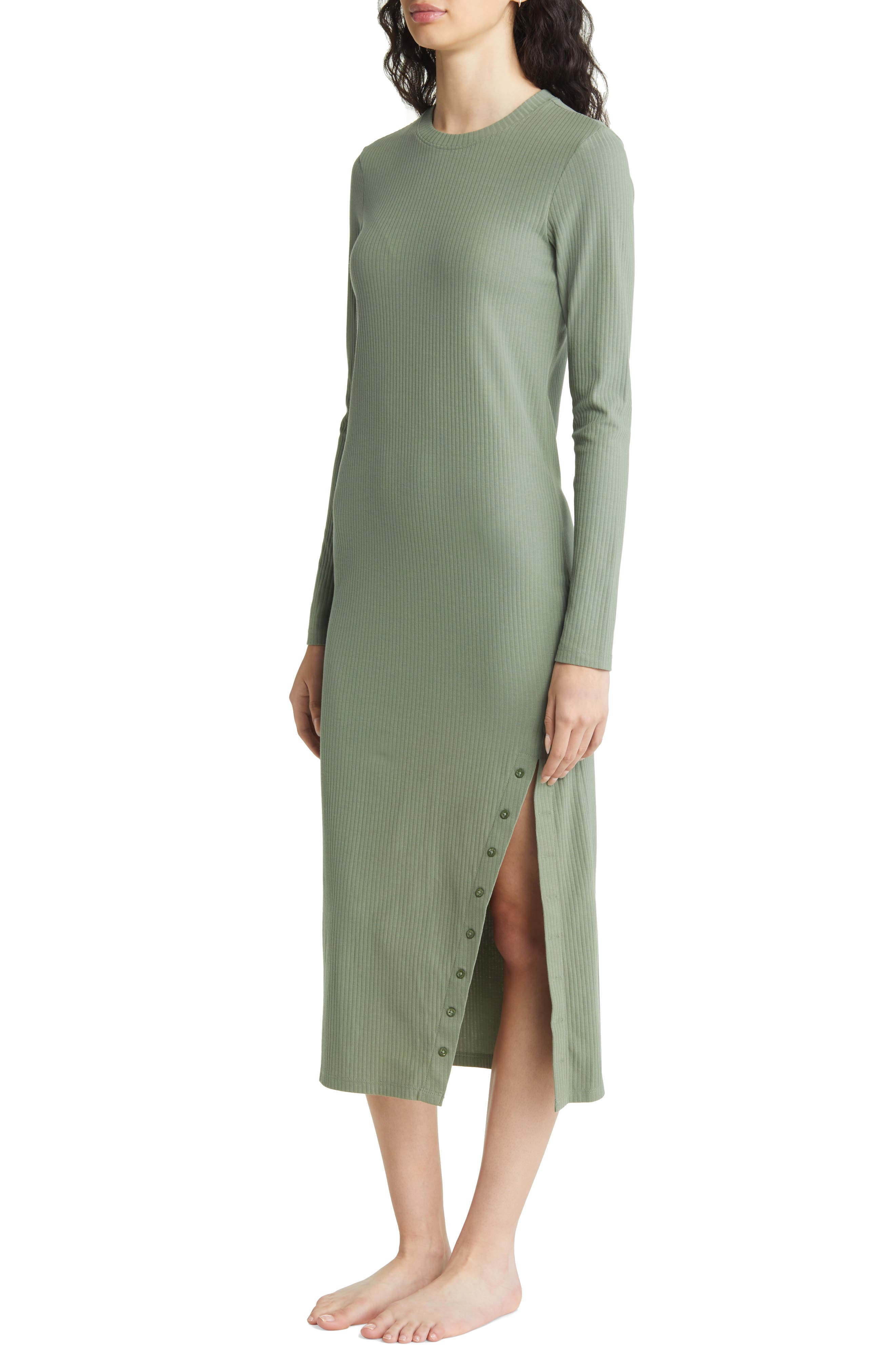 Open Edit Long Sleeve Rib Organic Cotton Blend Lounge Dress in Green Agave at Nordstrom, Size X-Large