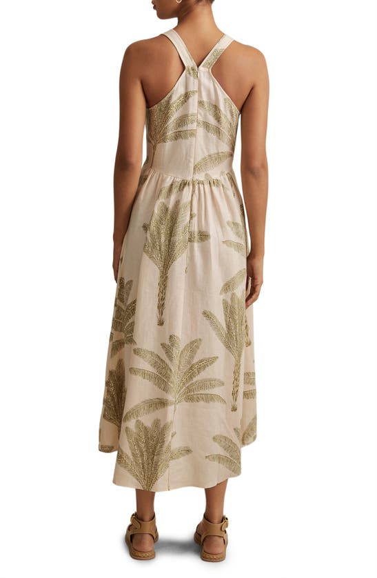 Shop Reiss Anna Foliage Print Linen Midi Dress In Neutral/ Green