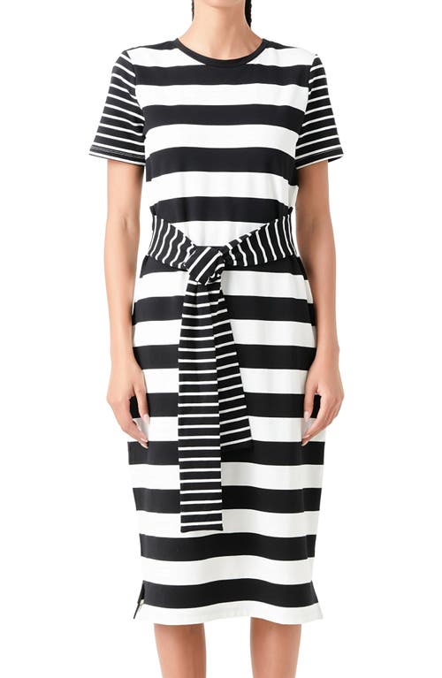 Shop English Factory Stripe Tie Front Midi T-shirt Dress In Black/white