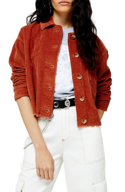 Topshop Raw Hem Corduroy Jacket In Rust