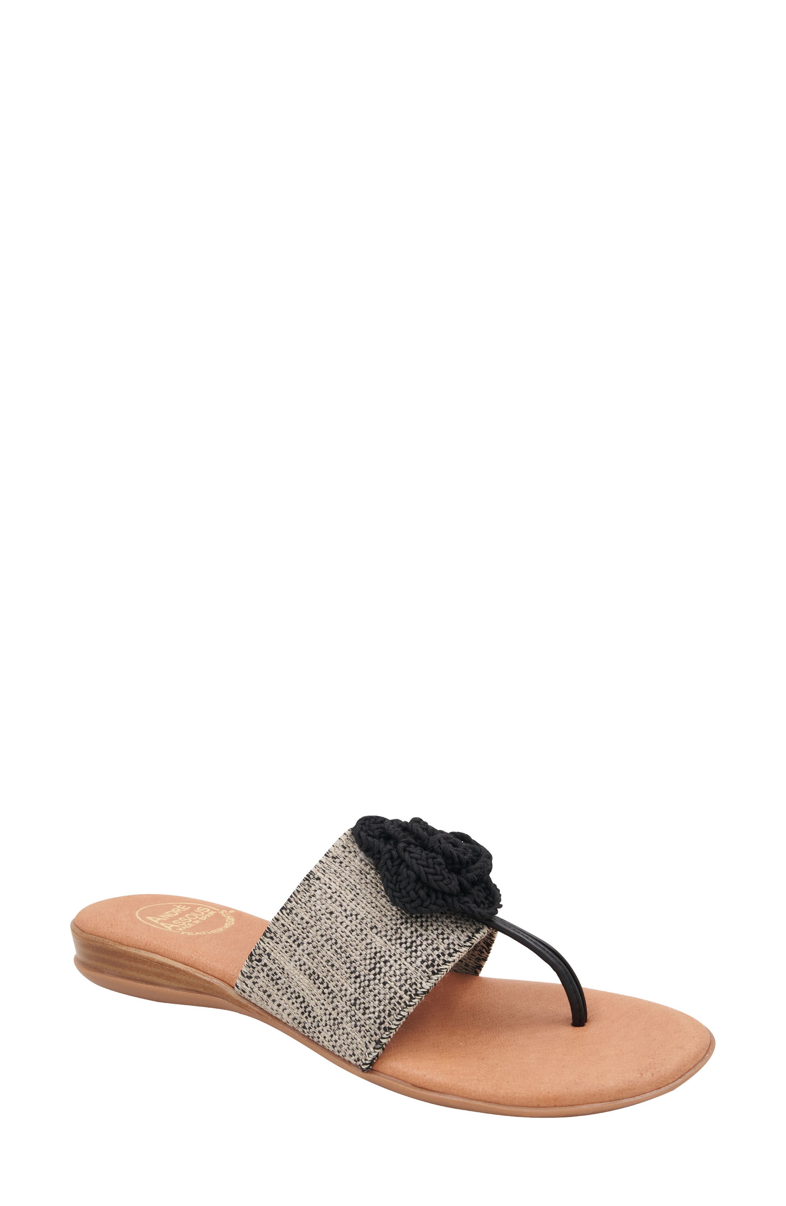 Andre Assous Novalee Sandal In Black/beige Linen