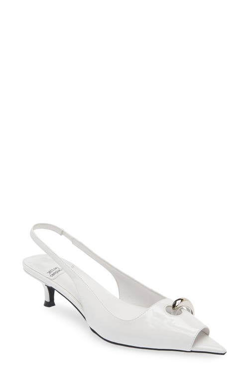 Cirques Pointed Toe Kitten Heel Pump in White Patent Silver