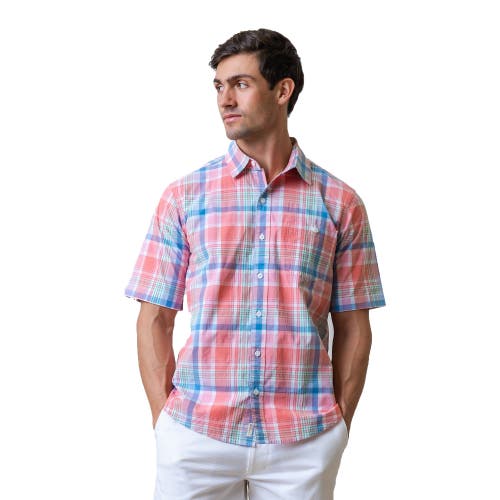 Hope & Henry Mens' Stretch Poplin Short Sleeve Button Down Shirt In Bright Spring Plaid Poplin