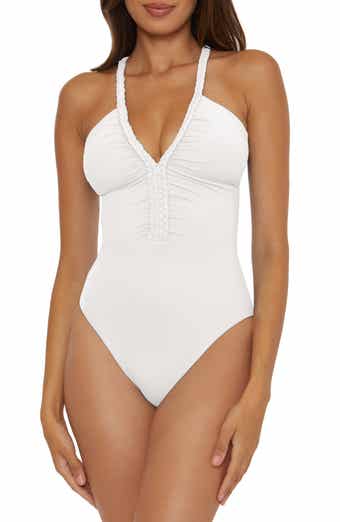 White Rib Plunge Lace Up Belted Swimsuit