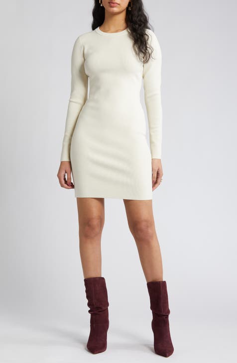 White Bodycon Dress - Long Sleeve Bodycon Dress - White Collared Mini Dress