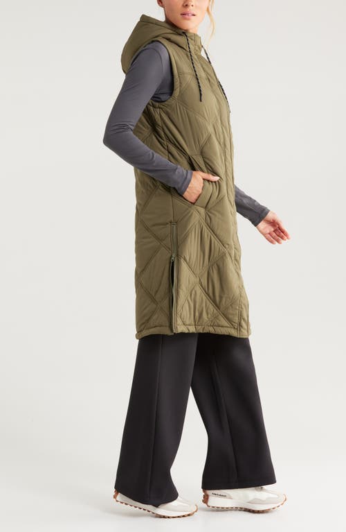 Shop Zella Long Hooded Puffer Vest In Olive Night