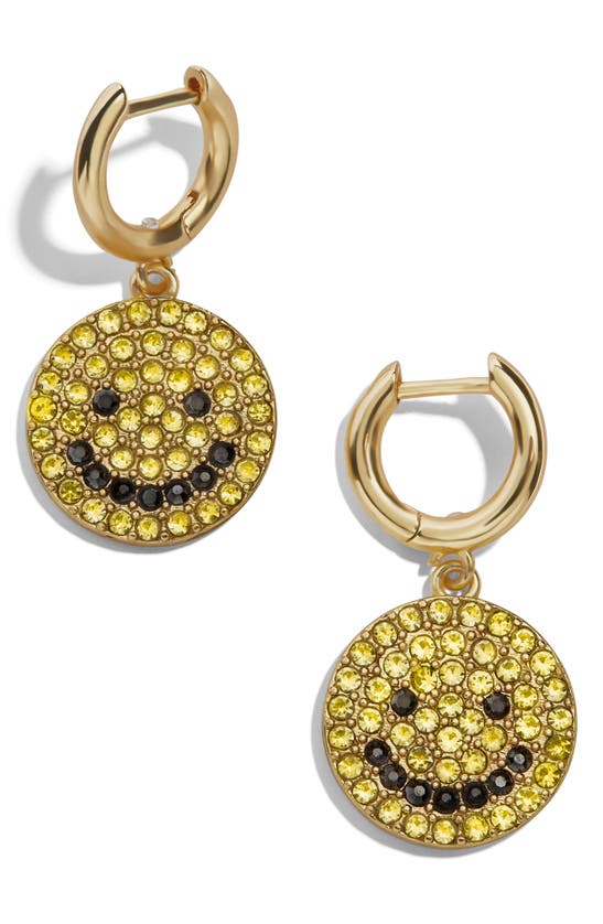 Baublebar Smiles Gold-tone Yellow & White Pave Happy Face Drop Earrings In Yellow/gold