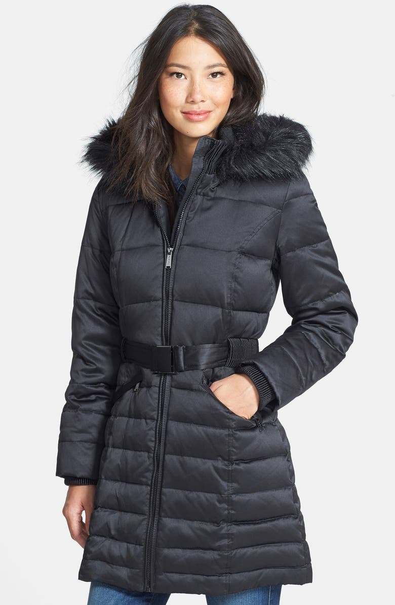 DKNY Faux Fur Trim Belted Hooded Quilted Walking Coat (Regular & Petite ...