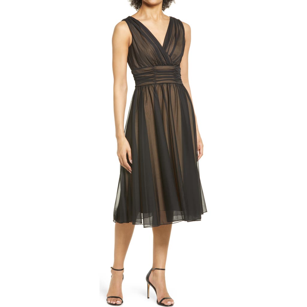 Connected Apparel Chiffon Overlay Fit & Flare Dress In Black/gold | ModeSens Connected Apparel Chiffon Overlay Fit & Flare Dress In Black/gold | ModeSens