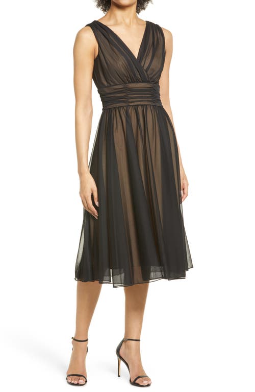Connected Apparel Chiffon Overlay Fit & Flare Dress In Black/gold