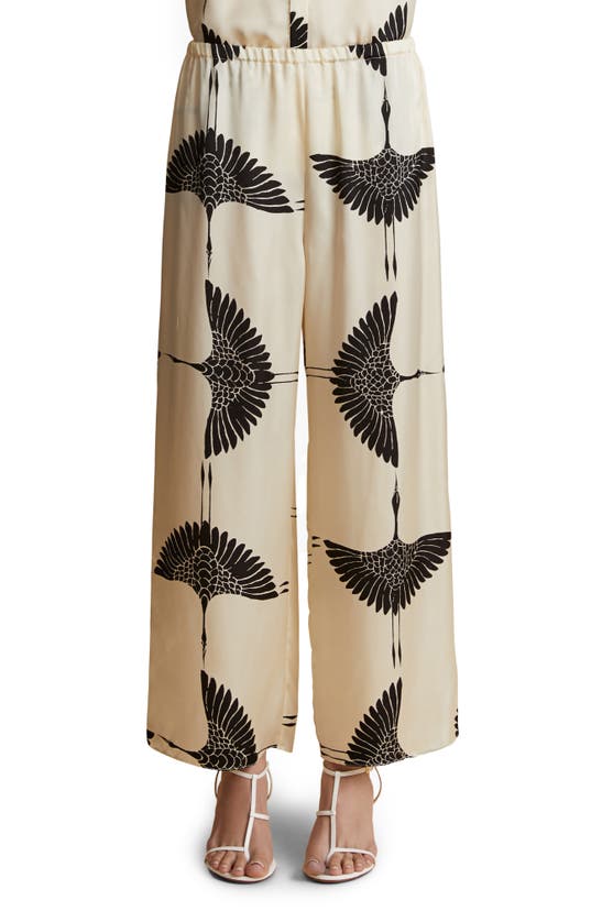 Shop Khaite Mindy Crane Print Wide Leg Cupro Pants In Cream/ Black