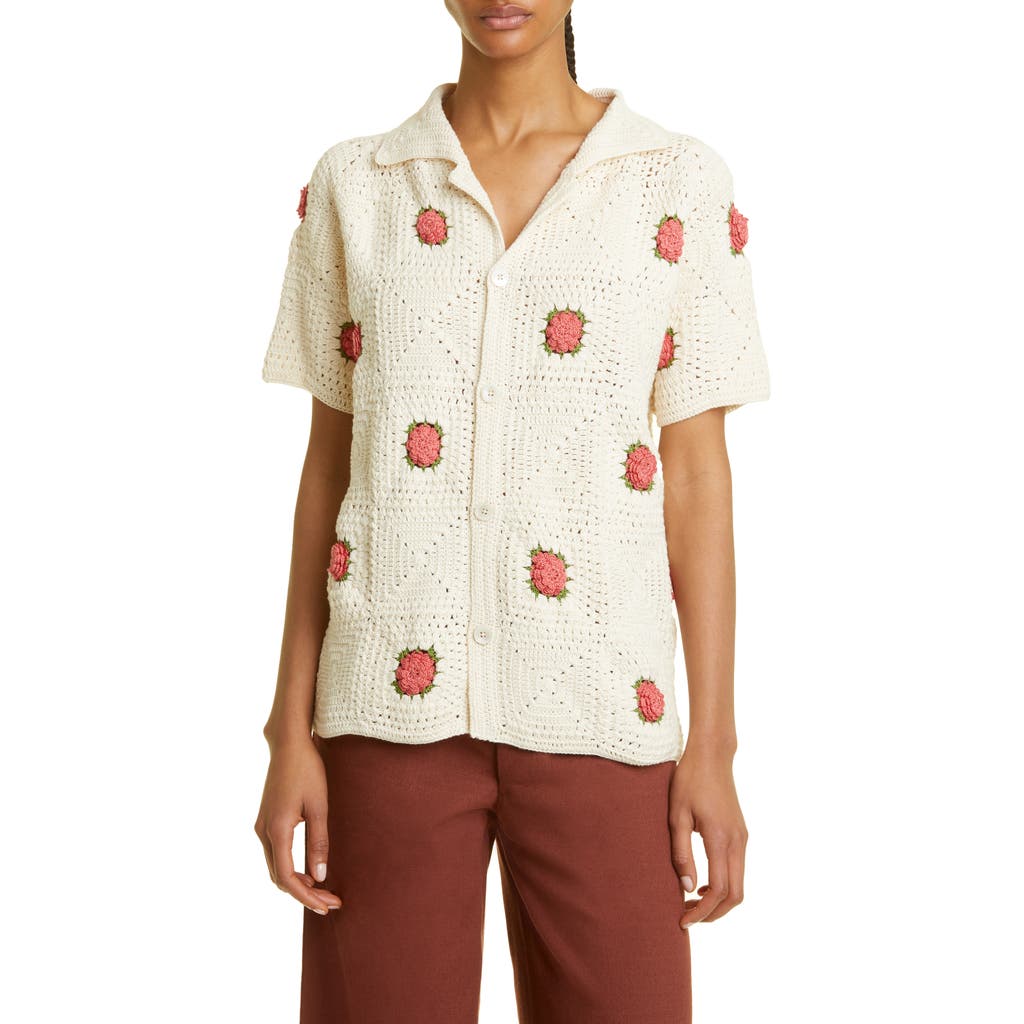 Bode Rosette Short Sleeve Crochet Button-up Shirt In Neutral