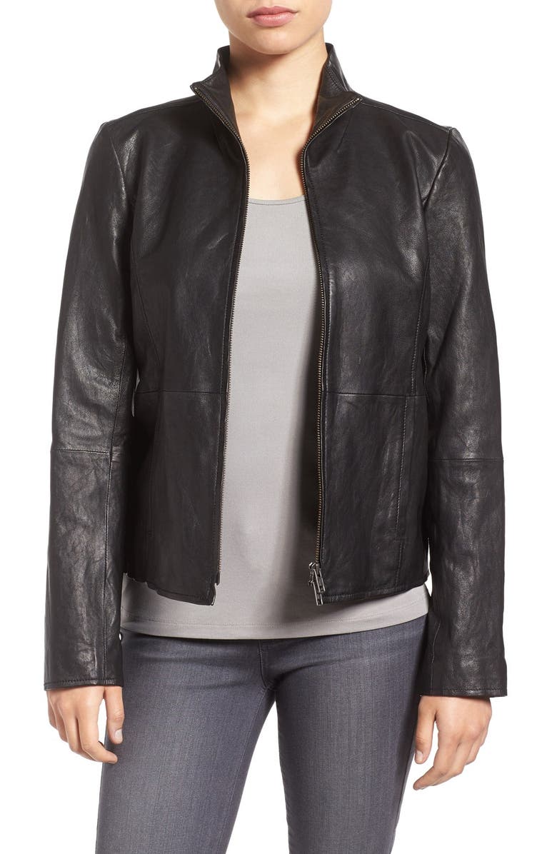Eileen Fisher Rumpled Luxe Leather Stand Collar Jacket | Nordstrom