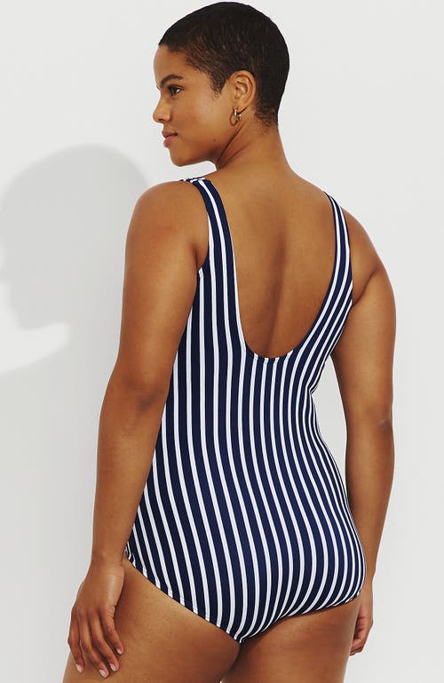 Shop Lands' End Plus Size Chlorine Resistant Soft Cup Tugless Sporty One Piece Swimsuit In Deep Sea/white Media Stripe