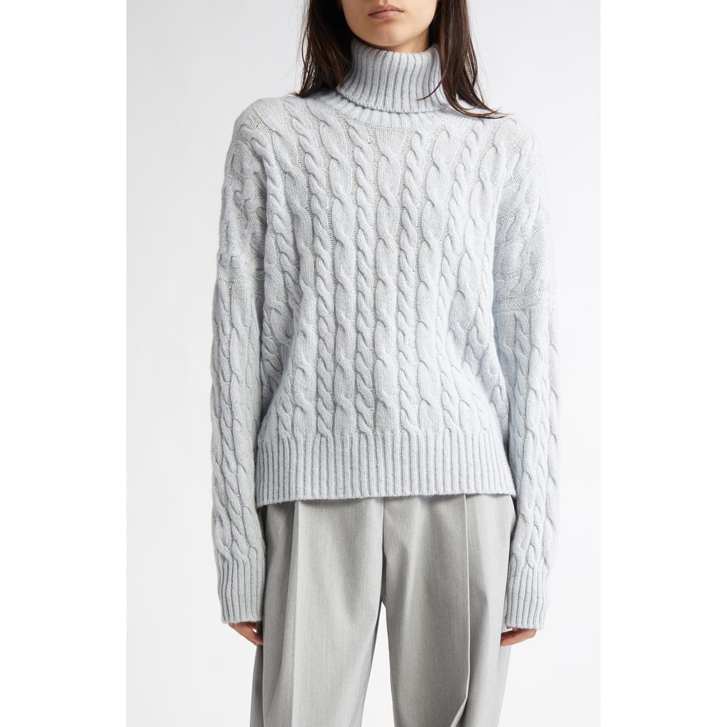 Johnstons Of Elgin Cable Knit Donegal Cashmere Turtleneck Sweater In Ice Blue Donegal