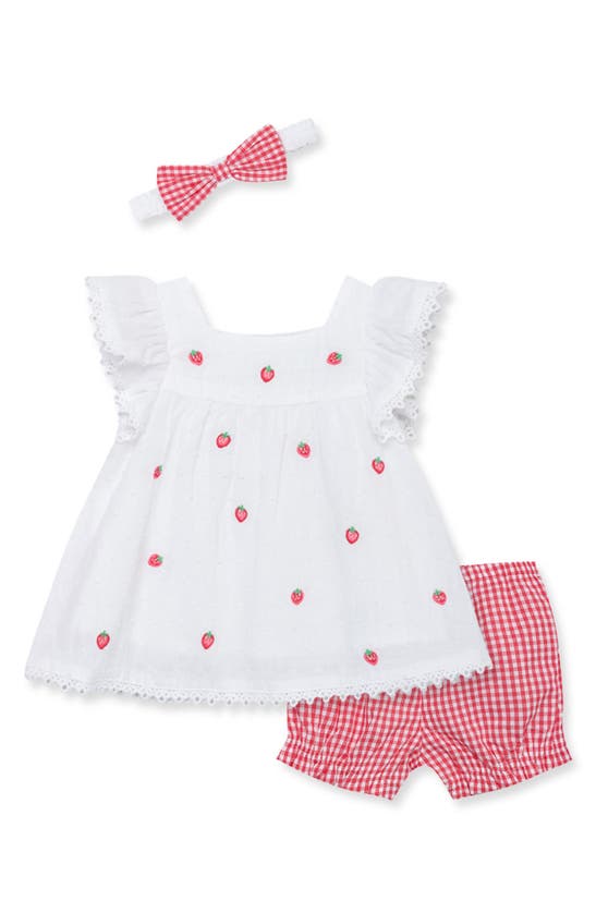 Little Me Babies' Strawberry Top, Gingham Shorts & Headband Set In Red
