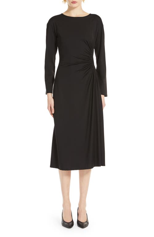 Romania Ruched Long Sleeve Jersey Midi Dress in Black