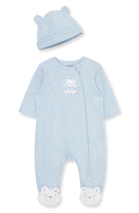 Blue Bear Cotton Footie & Hat Set (Baby) (Nordstrom Exclusive)