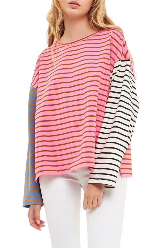 English Factory Striped Color Block Long Sleeve Tee In Pink Multi