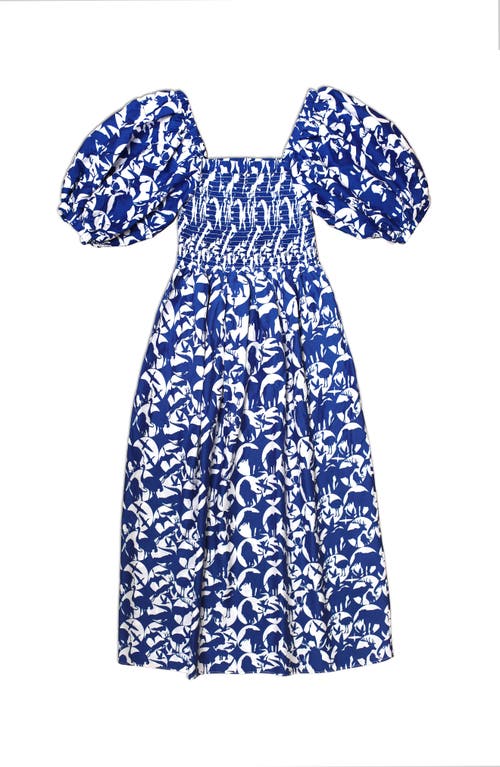 Shop Jessie Zhao New York Animal World Smocked Cotton Silk Dress In Blue/white