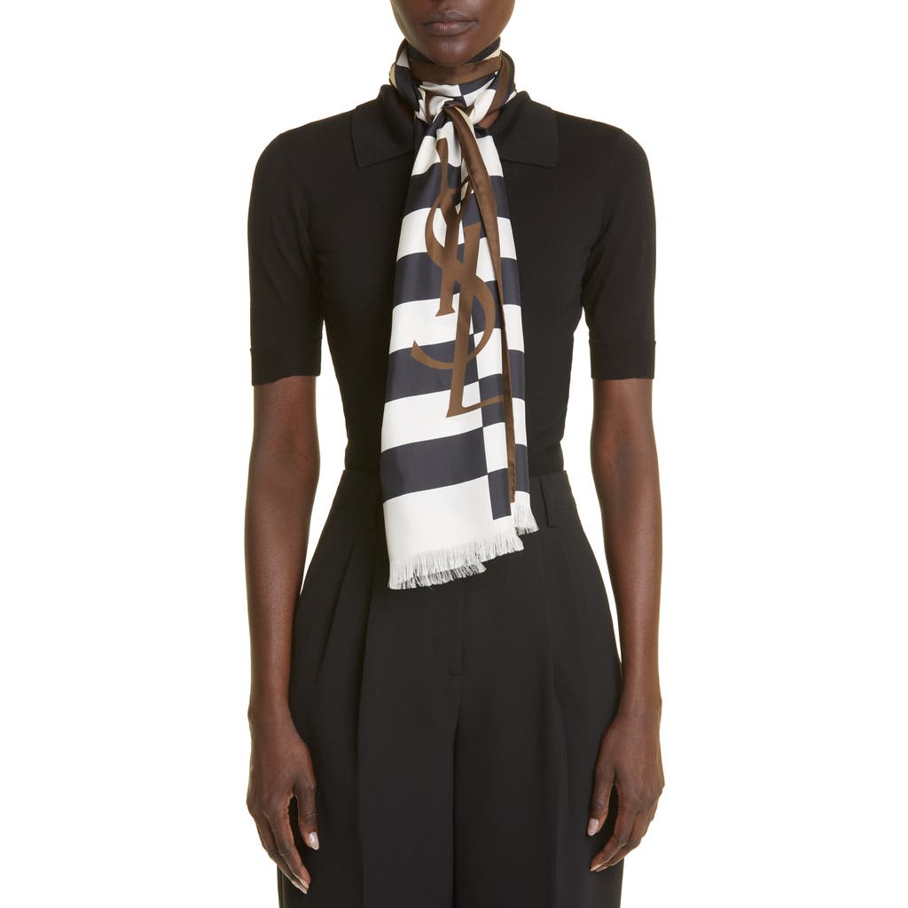 Saint Laurent Stripe Logo Silk Scarf In Off White/multicolor