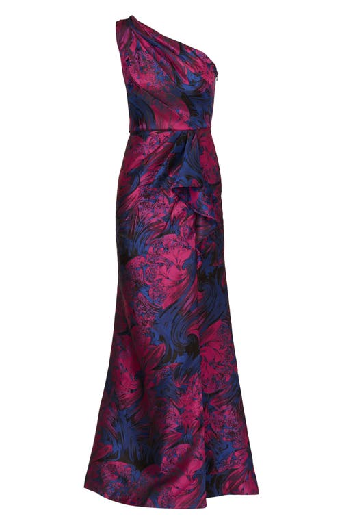 Adrianna Papell One-shoulder Jacquard Mermaid Gown In Navy/orchid