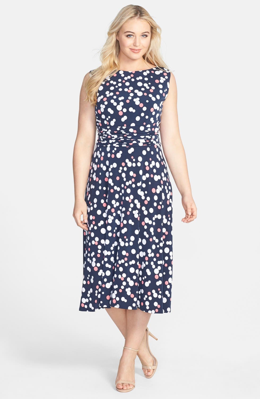 Jessica Howard Print Ruched Waist Stretch Knit Midi Dress (Plus Size