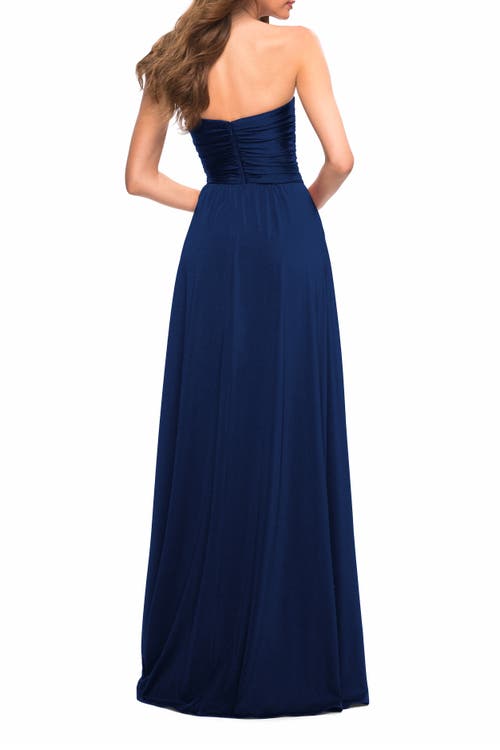 Shop La Femme Simple Strapless Jersey Dress With High Slit In Navy