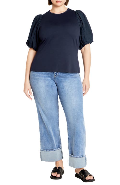 Shop City Chic Kiki Puff Sleeve Mixed Media Top In Navy