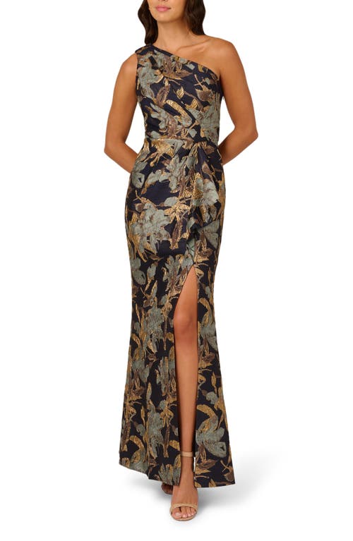 Shop Adrianna Papell Metallic Floral Jacquard Mermaid Gown In Blue/gold