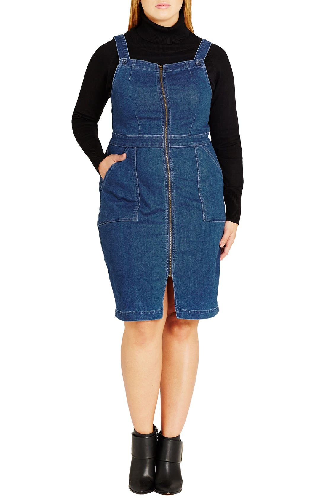 denim zip up pinafore dress