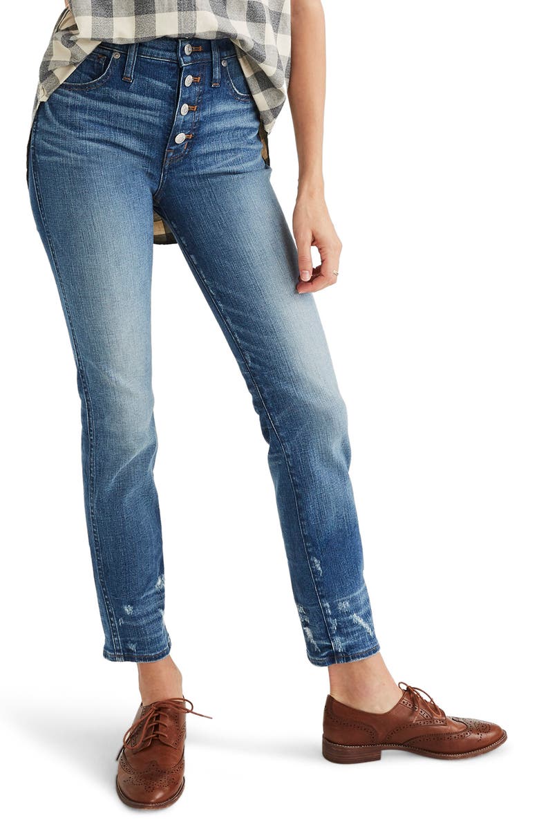 Madewell Distressed Button Front High Waist Slim Straight Jeans ...