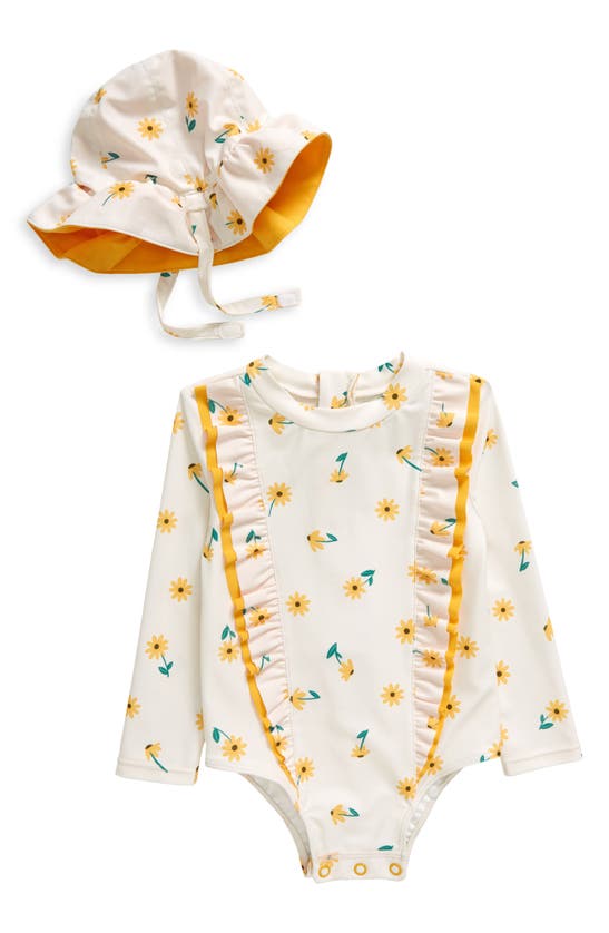 Shop Tucker + Tate Floral Ruffle Long Sleeve One-piece Rashguard Swimsuit & Sun Hat Set In Ivory Egret Effie Floral
