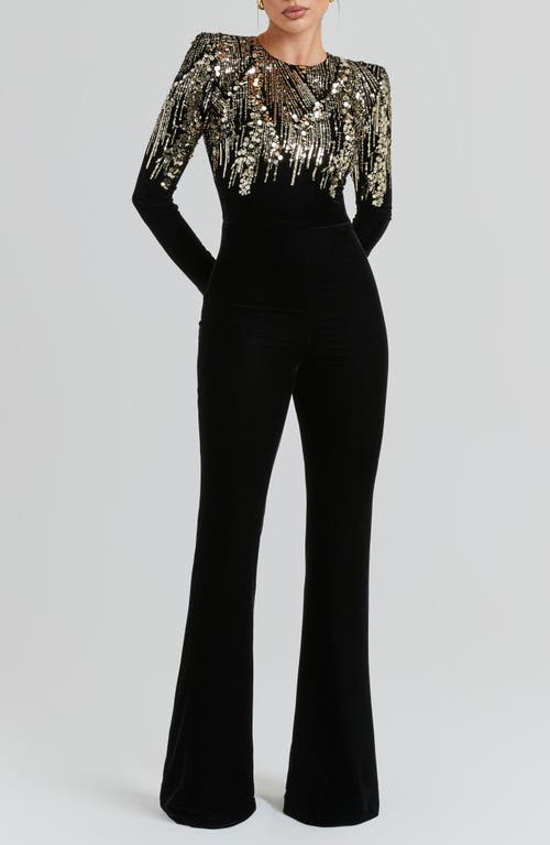 Nadine Merabi Katarina Sequin Long Sleeve Velvet Jumpsuit In Black