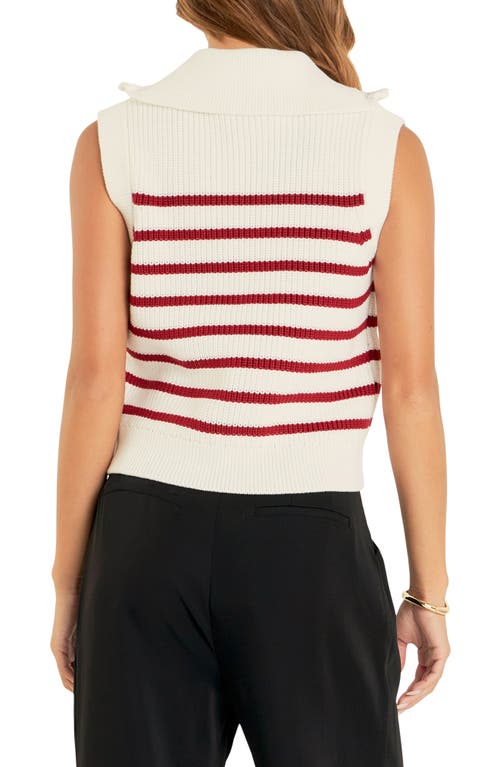 English Factory Stripe Sleeveless Quarter Zip Sweater In White/burgundy