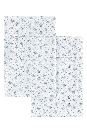 Melange Home Set Of 2 La Fleur Print Percale Cotton Pillowcase In White/blue