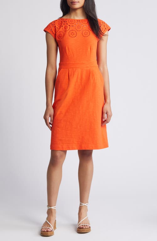 Florrie Broderie Anglaise Cap Sleeve Jersey Dress in Mandarin Orange