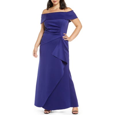 Plus Size Xscape Off The Shoulder Ruffle Gown, Blue