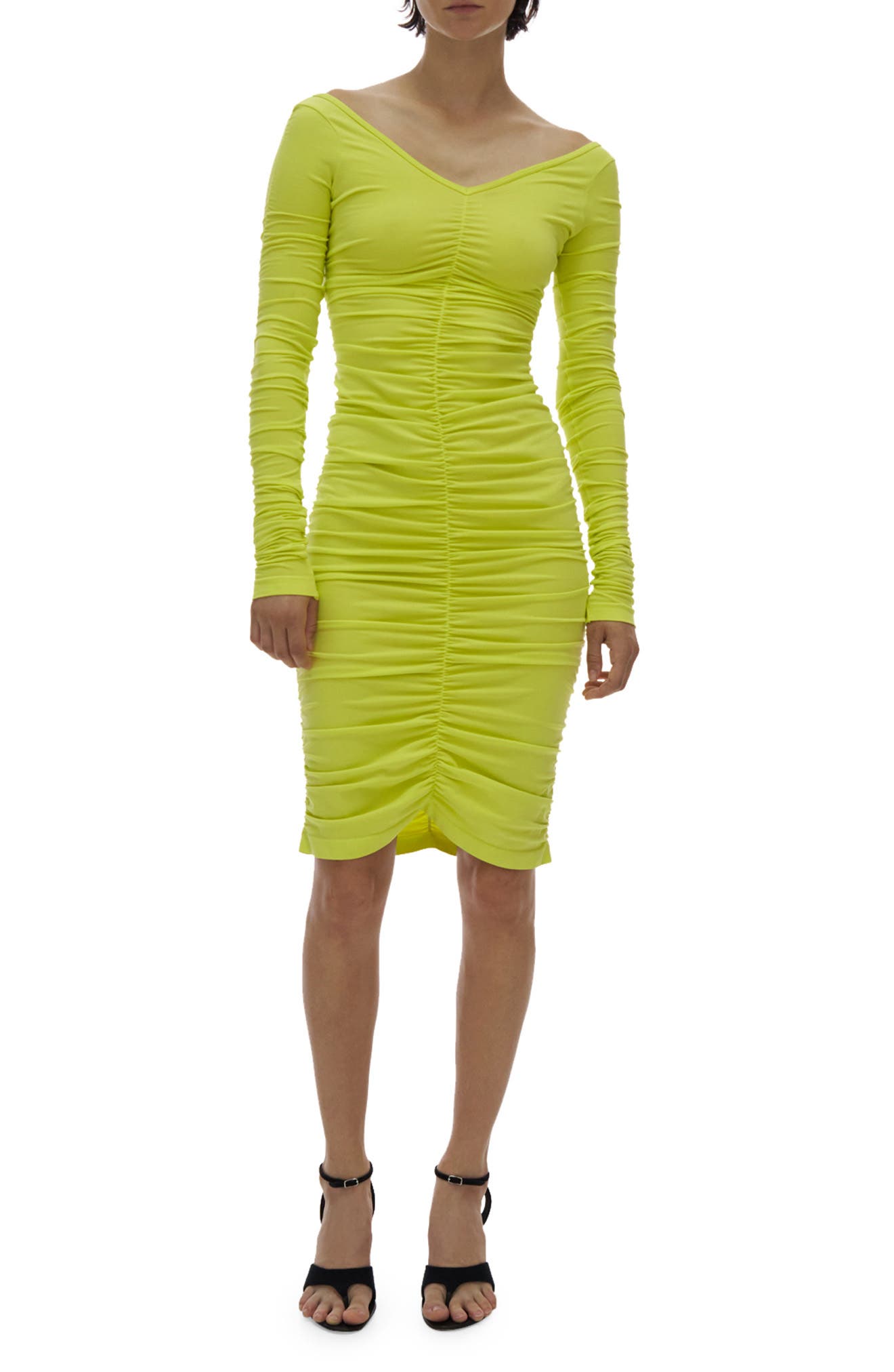 Helmut Lang Ruched Long Sleeve Body-Con Dress in Acid Lime at Nordstrom