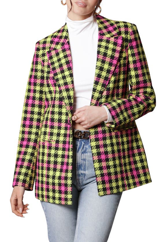 Avec Les Filles Plaid Single Button Blazer In Pink-neon Plaid