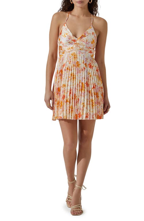ASTR the Label Pleated Tie Back Dress Cream Orange Floral at Nordstrom,