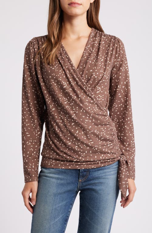 Loveappella Dot Print Faux Tie Wrap Top In Taupe/ Nat