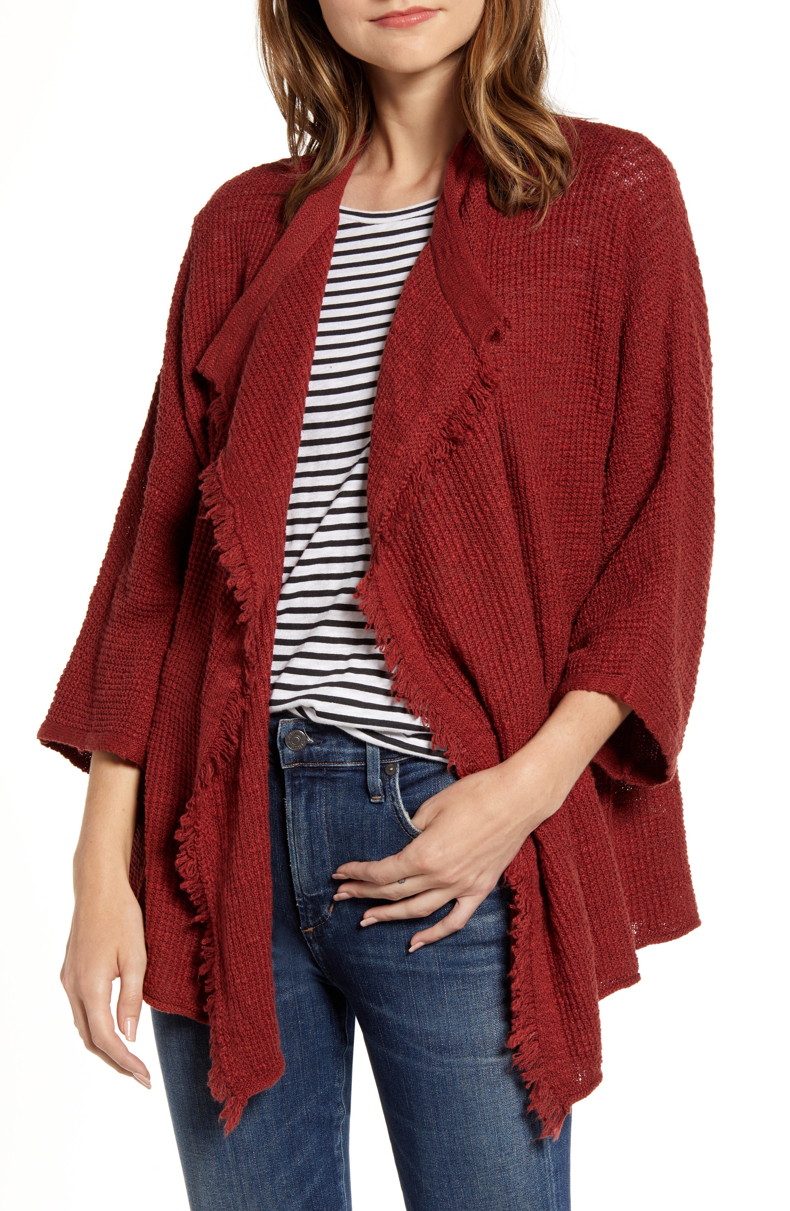 Caslon Drape Front Cotton Blend Cardigan, Burgundy