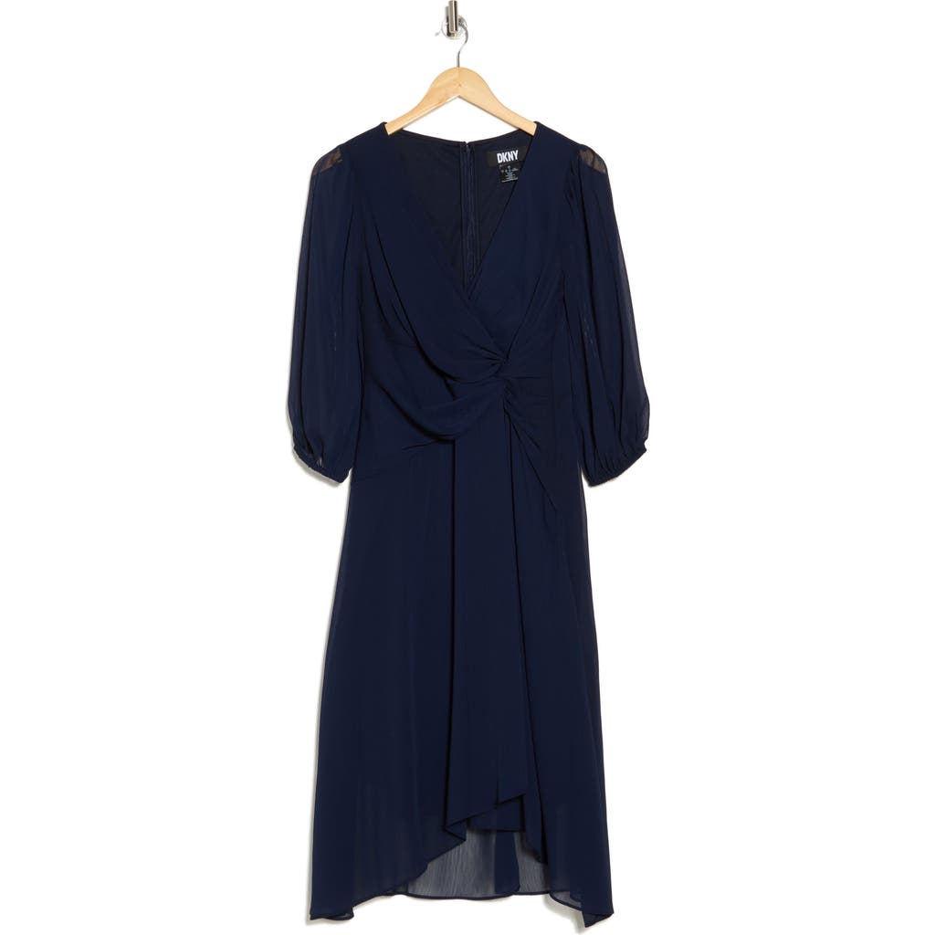Dkny Puff Sleeve Faux Wrap Midi Dress In Midnight N