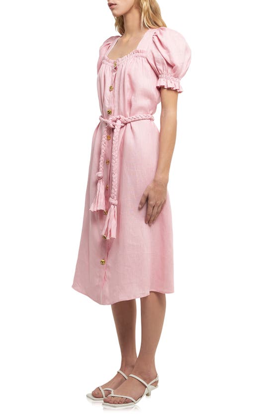 English Factory Puff Sleeve Button Front Linen Dress In Pink