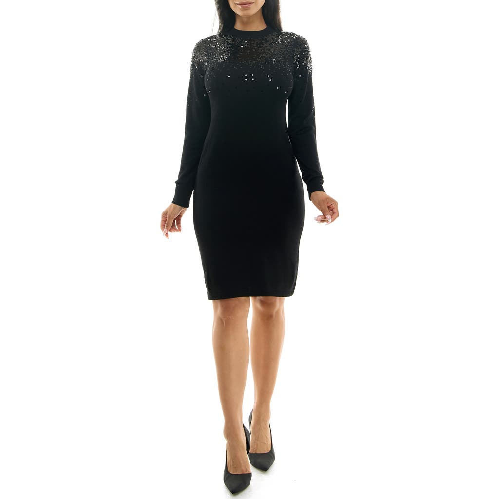 Nina Leonard Sequin Embellished Long Sleeve Sweater Dress In Black