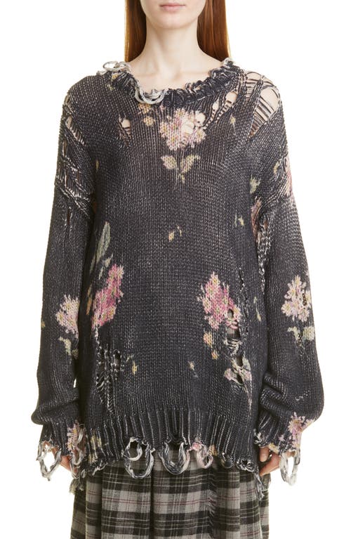 R13 Distressed Floral Cotton Sweater in Floral On Black